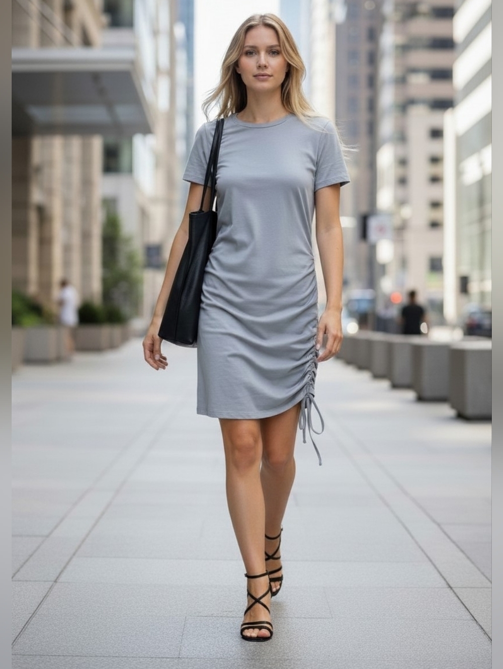 Michael Kors Light Blue Crewneck TShirt Dress, Adjustable Side Ruching,Sz L, EUC